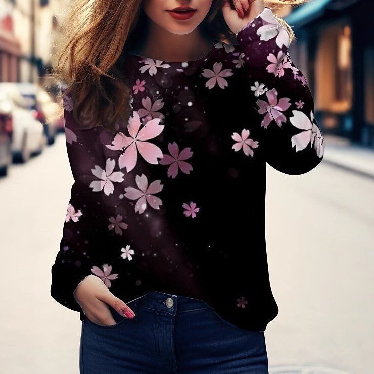 Casual Floral Crew Neck Long Sleeve T-shirt