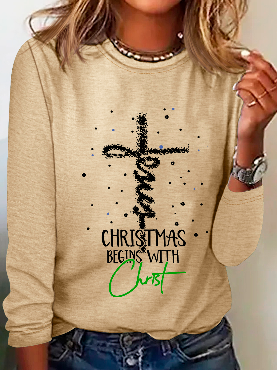 Crew Neck Long Sleeve Christmas Regular Medium Elasticity Loose Blouse For Women