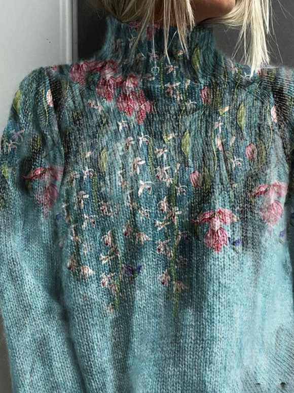 Casual Turtleneck Floral Sweatshirt