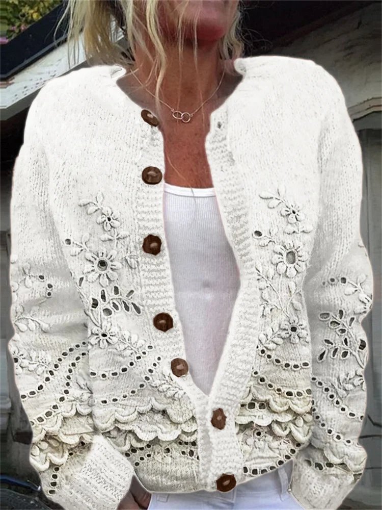 Women Knitted 3D Printing Long Sleeve Comfy Casual Cardigan