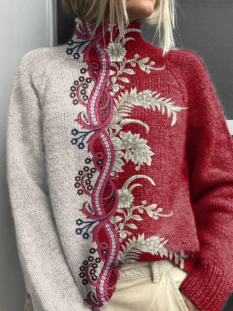 Casual Turtleneck Floral Sweatshirt