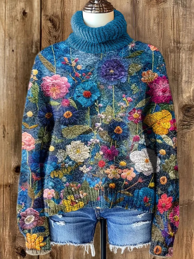 Casual Turtleneck Floral Sweatshirt