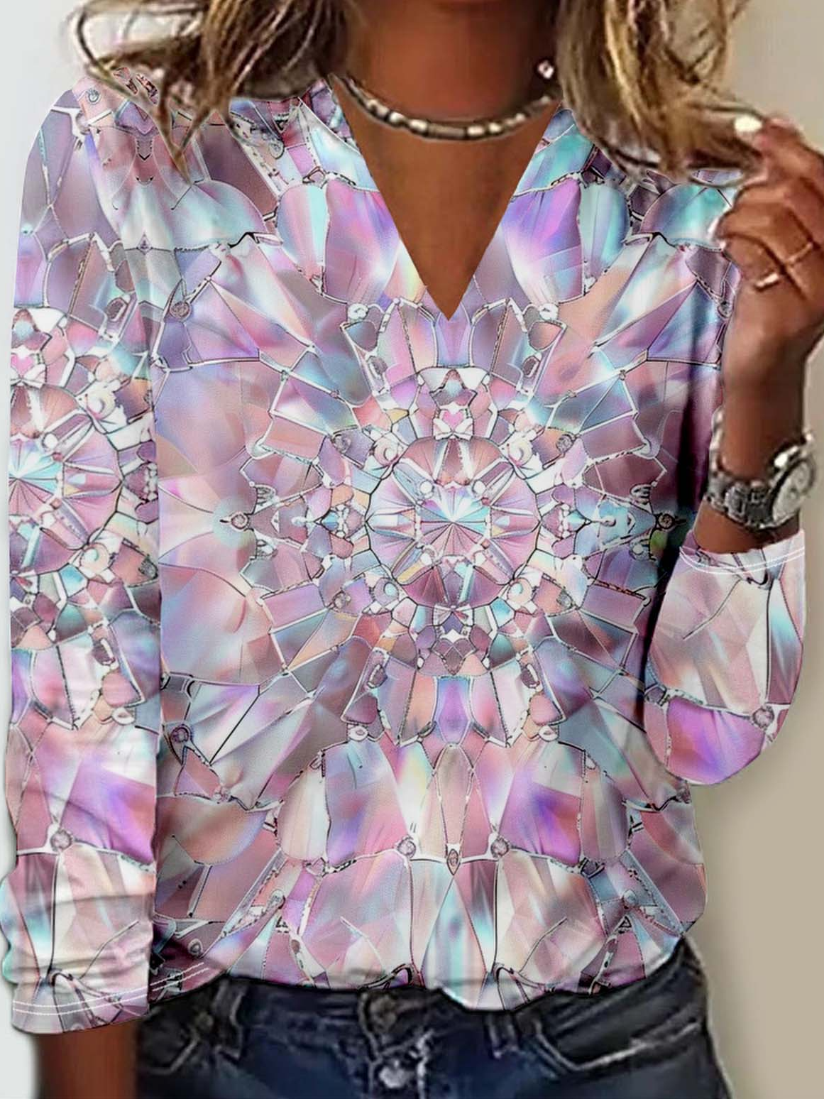 Casual Geometric Sequins Pattern V Neck Long Sleeve T-shirt