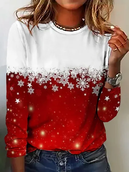 Casual Christmas Snowflakes Ombre Pattern Crew Neck Long Sleeve T-shirt