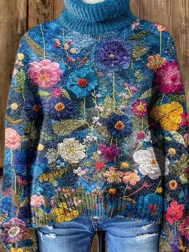 Casual Turtleneck Floral Sweatshirt