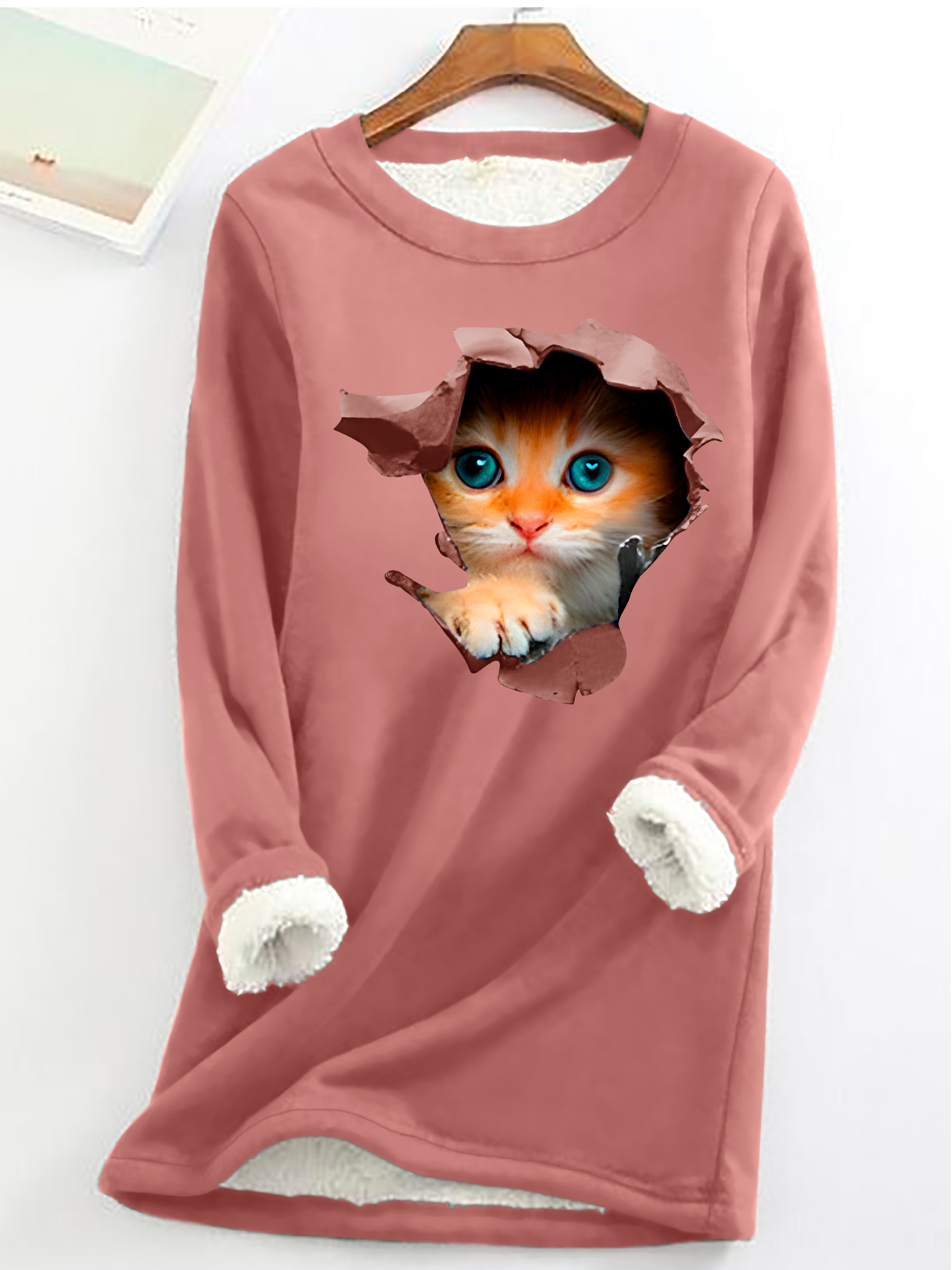 Casual Crew Neck Cute Cat Sweatshirt