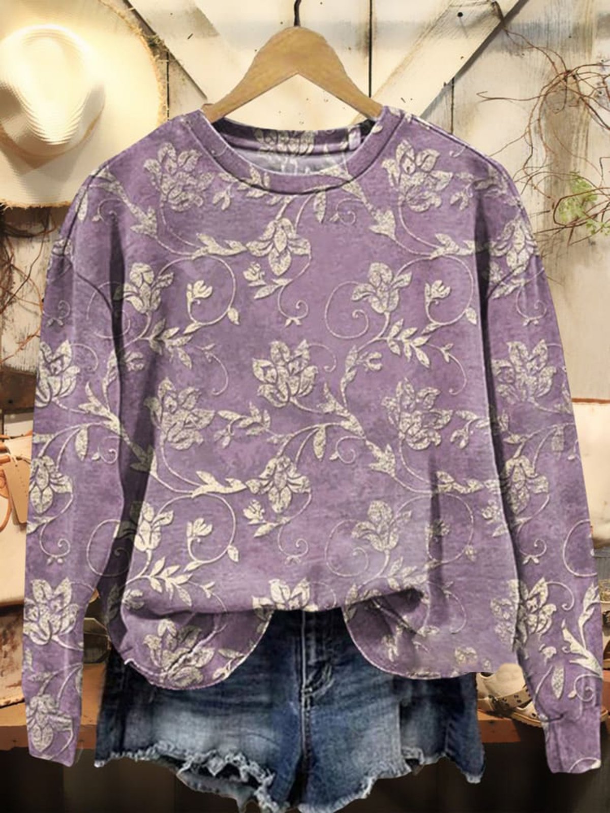 Casual Crew Neck Floral Sweatshirt