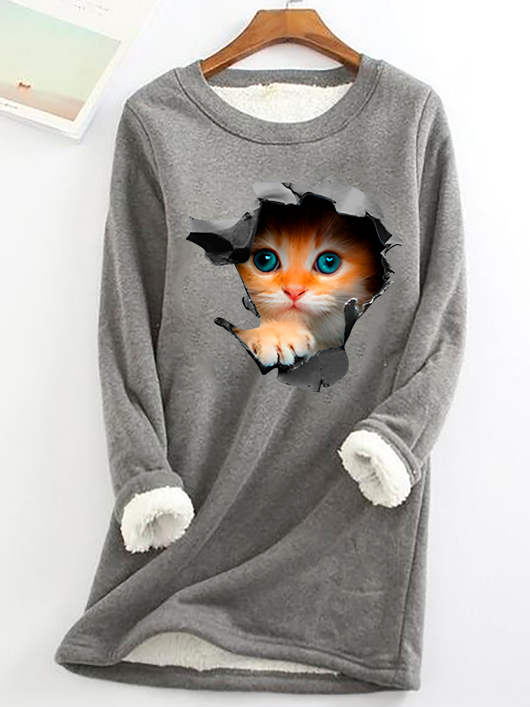 Casual Crew Neck Cute Cat Sweatshirt