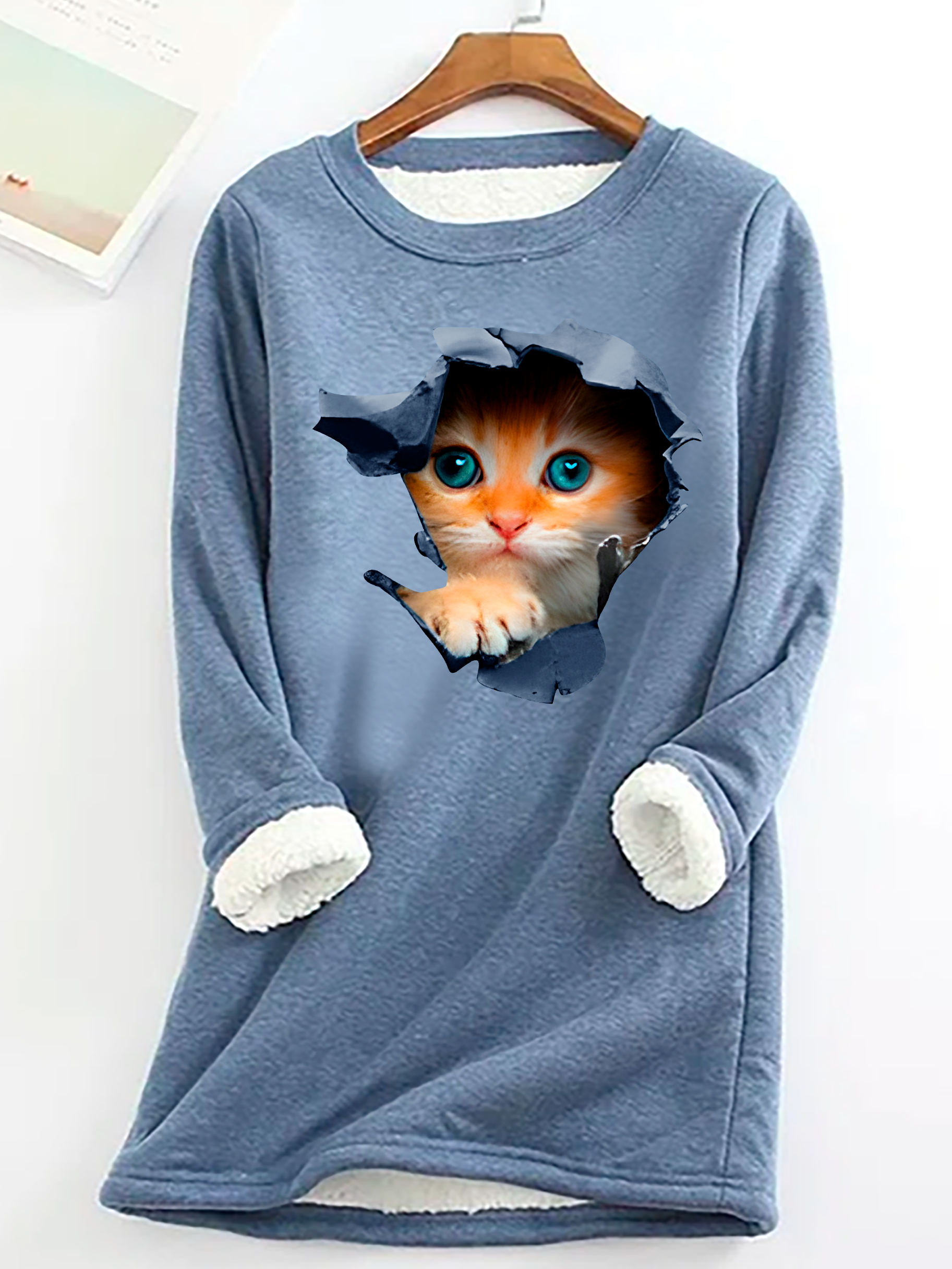 Casual Crew Neck Cute Cat Sweatshirt