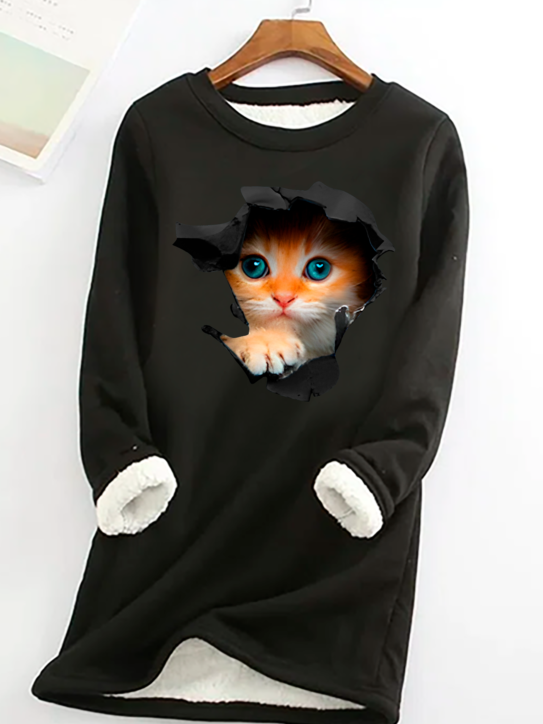 Casual Crew Neck Cute Cat Sweatshirt