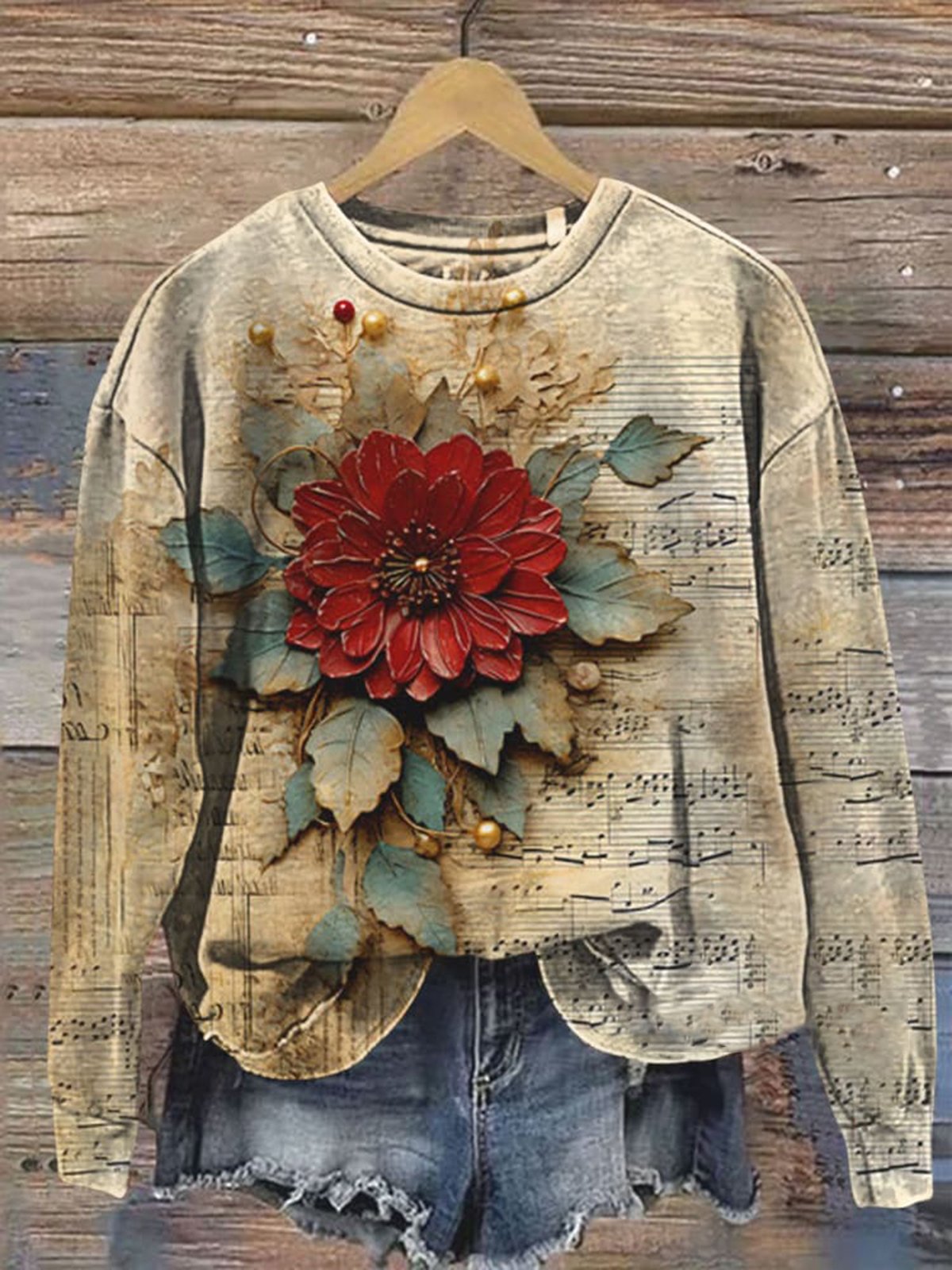 Casual Crew Neck Vintage 3D Floral Pattern Sweatshirt