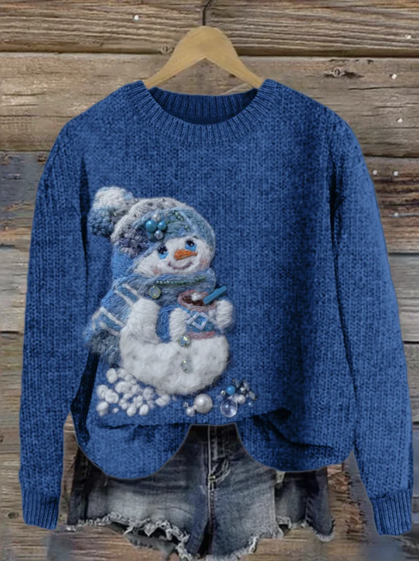 Women Wool/Knitting Cute Snowman Print Long Sleeve Comfy Casual Sweater