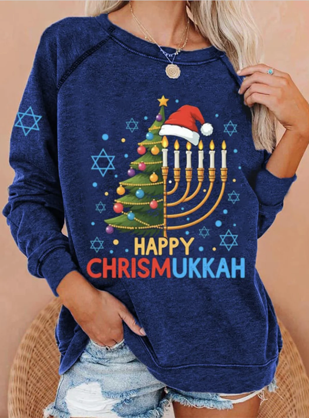 Casual Crew Neck Text Letters Hanukkah Sweatshirt