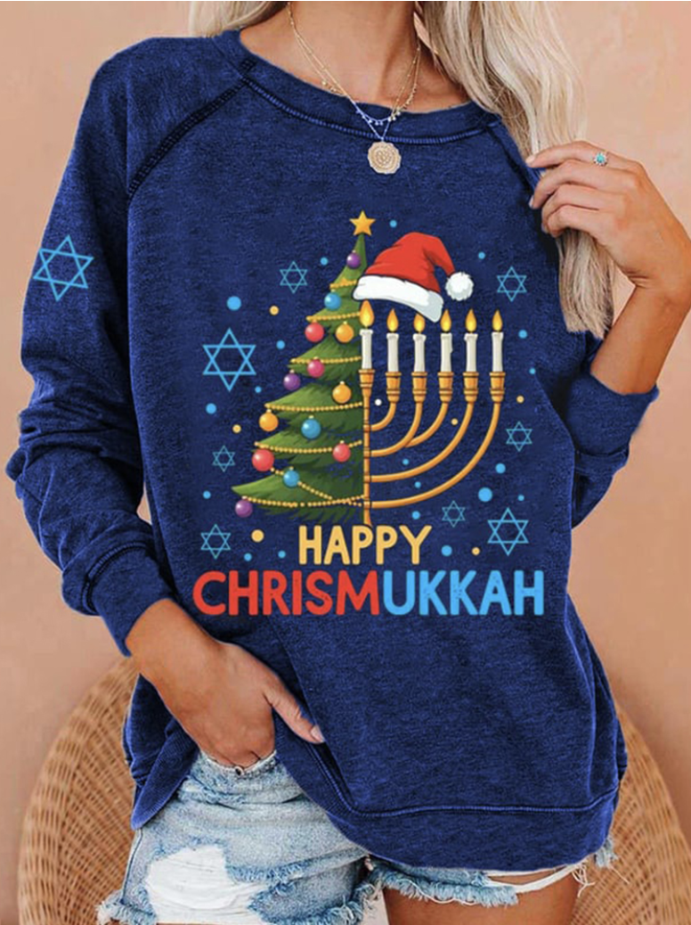 Casual Crew Neck Text Letters Hanukkah Sweatshirt