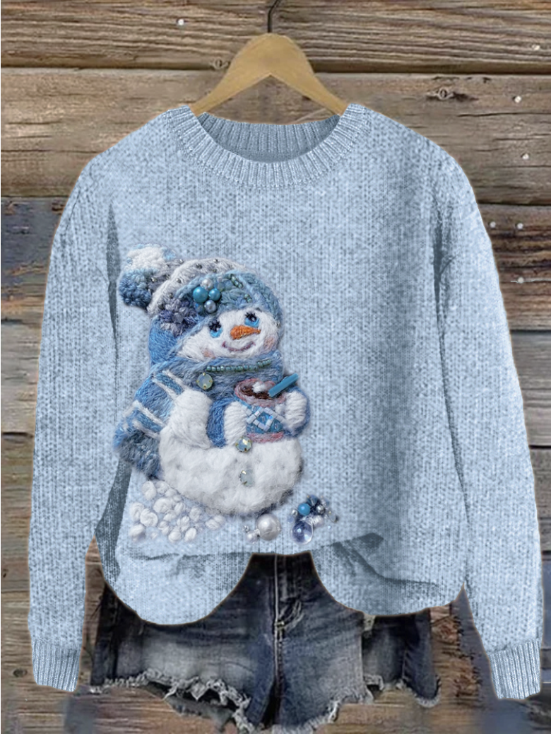 Women Wool/Knitting Cute Snowman Print Long Sleeve Comfy Casual Sweater