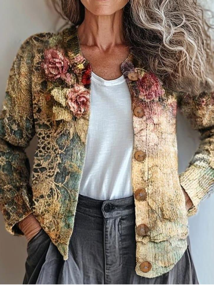 Women Knitted Gradient Pattern Long Sleeve Comfy Vintage Cardigan