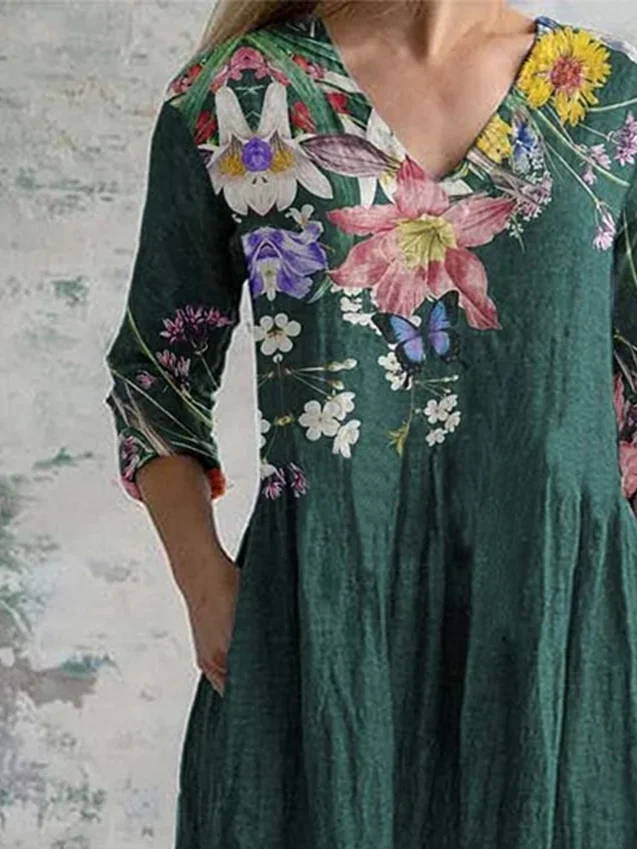 Women Floral V Neck Long Sleeve Comfy Casual Maxi Dress