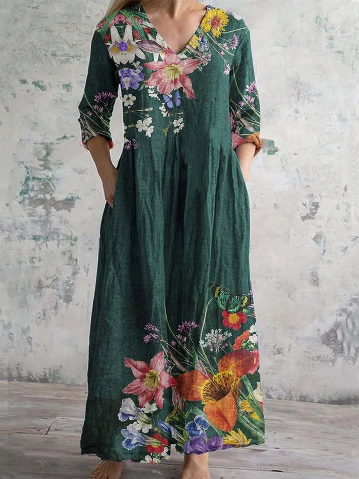 Women Floral V Neck Long Sleeve Comfy Casual Maxi Dress