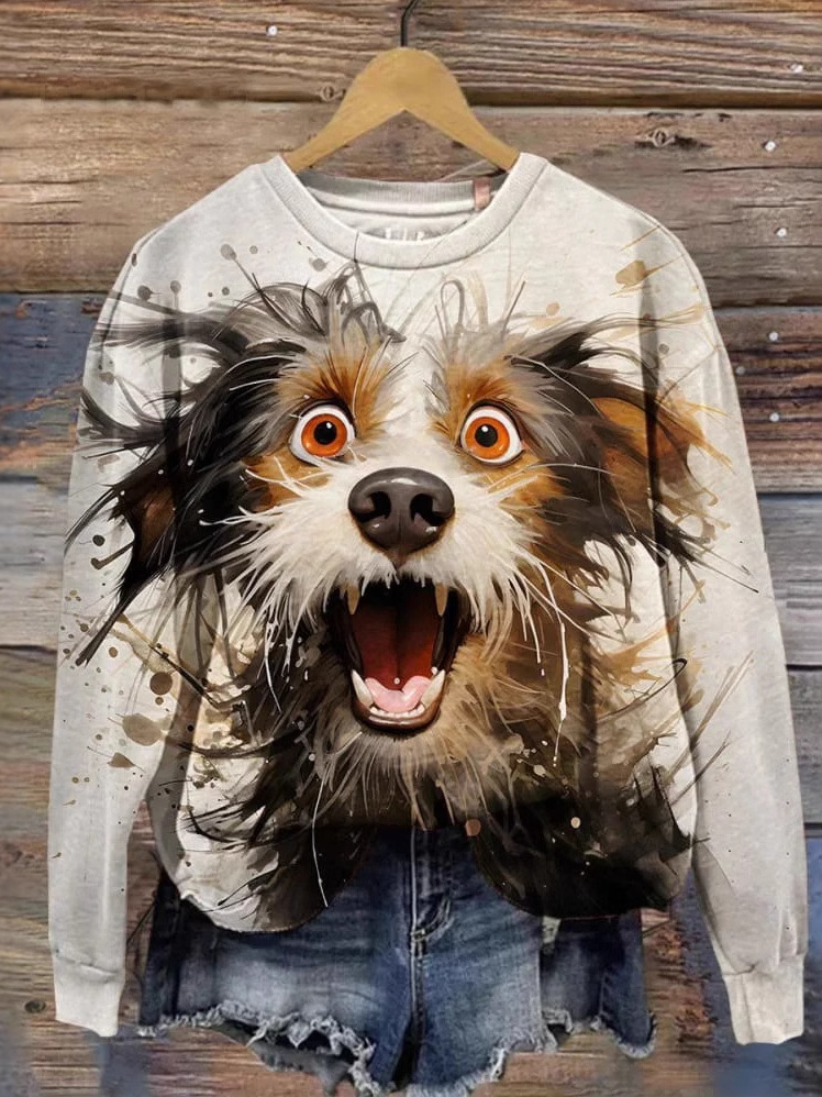 Casual Crew Neck Dog Sweatshirt