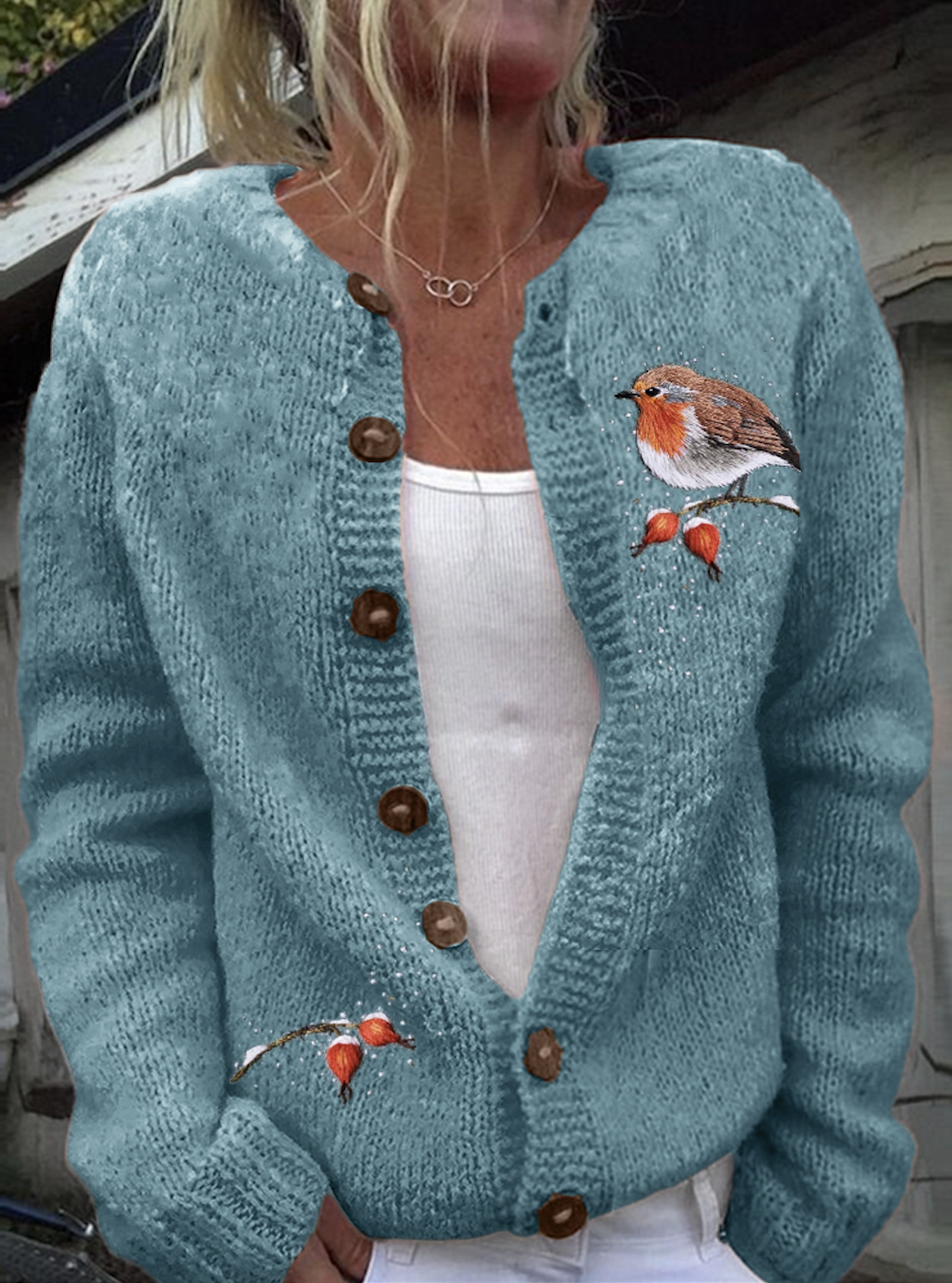 Women Wool/Knitting Cute Bird Pattern Long Sleeve Comfy Casual Cardigan