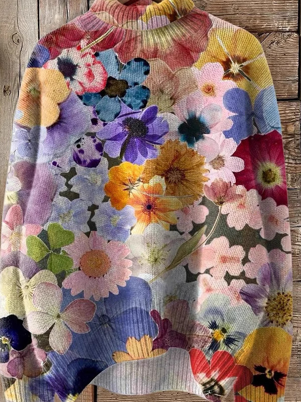 Casual Turtleneck Floral Sweatshirt