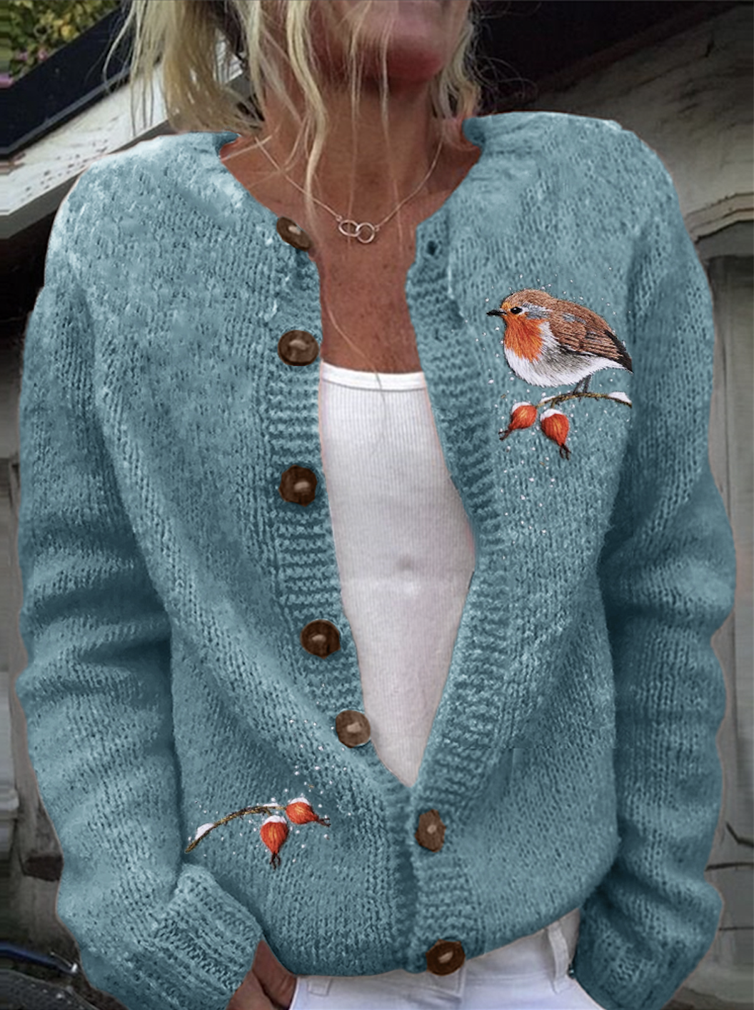 Women Wool/Knitting Cute Bird Pattern Long Sleeve Comfy Casual Cardigan