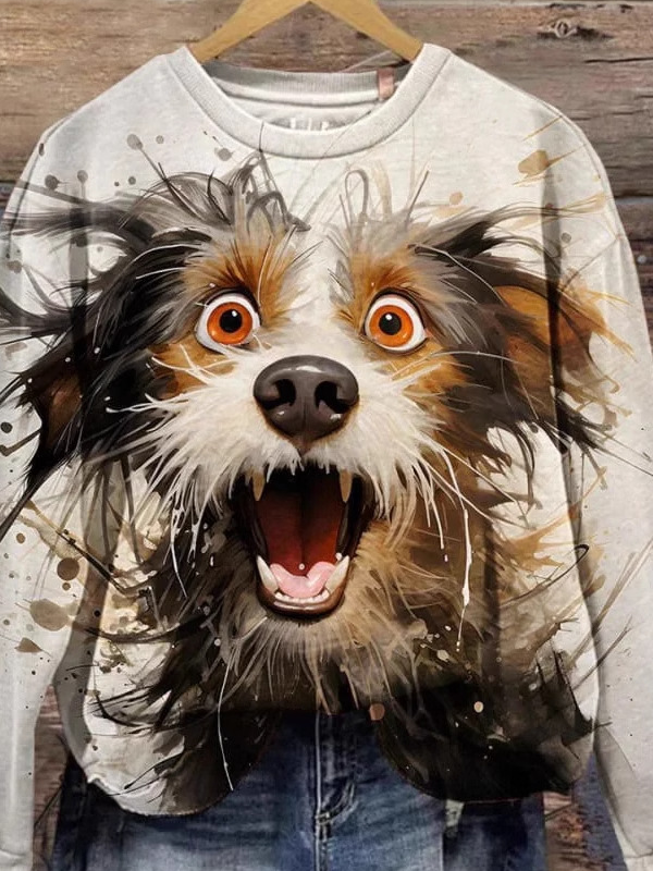 Casual Crew Neck Dog Sweatshirt