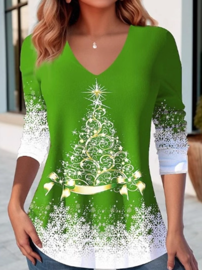 V Neck Long Sleeve Christmas Hot Drilling Regular Micro-Elasticity Loose Blouse For Women