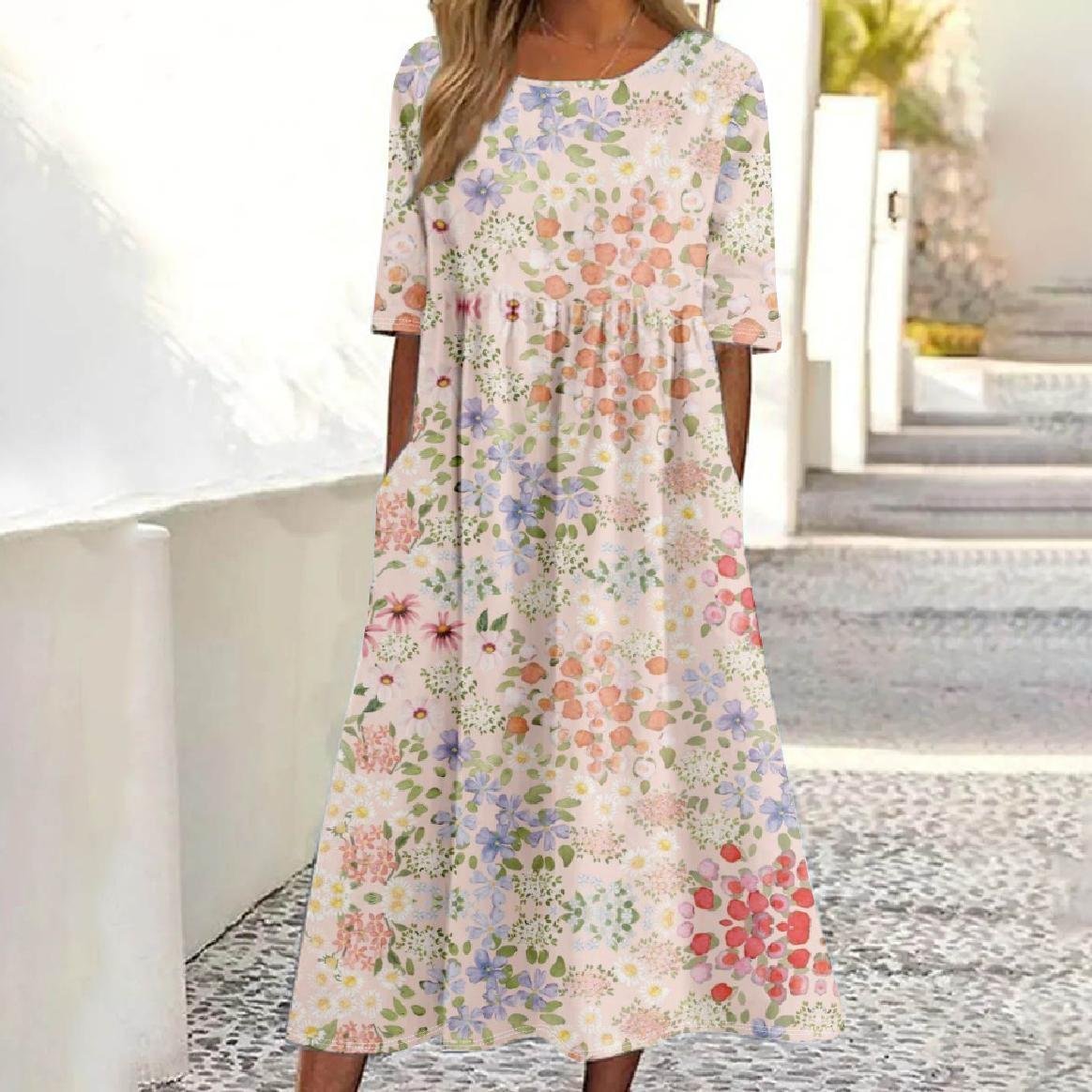 Women Floral Pattern 3D Printing Crew Neck Half Sleeve Comfy Vintage Maxi Dress