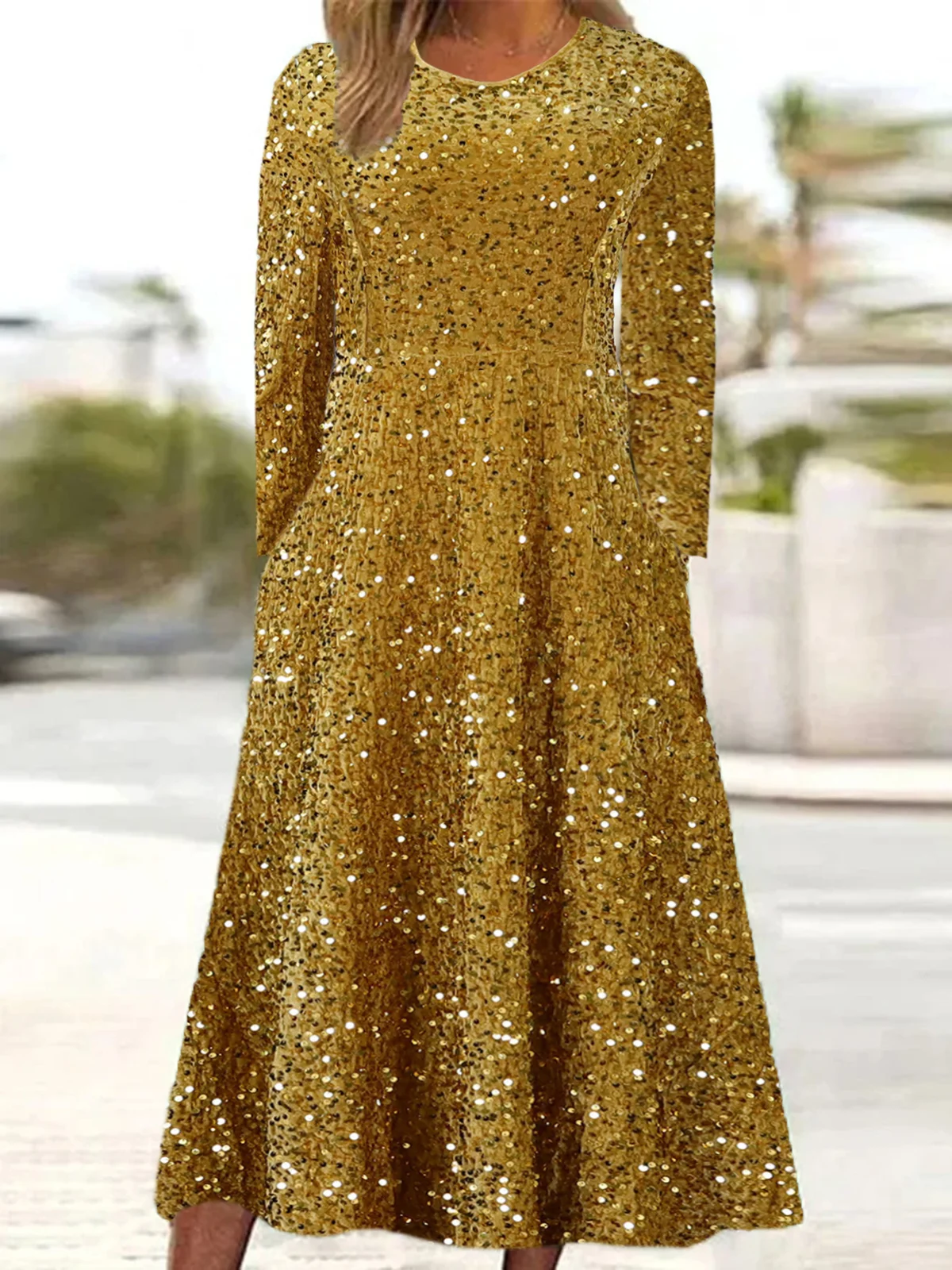 Women Geometric Spring/Fall Dress Crew Neck Long Sleeve A-Line Dress