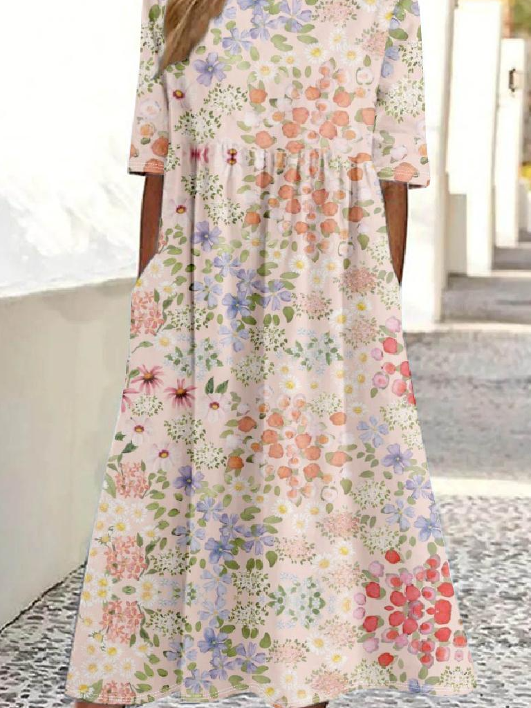 Women Floral Pattern 3D Printing Crew Neck Half Sleeve Comfy Vintage Maxi Dress