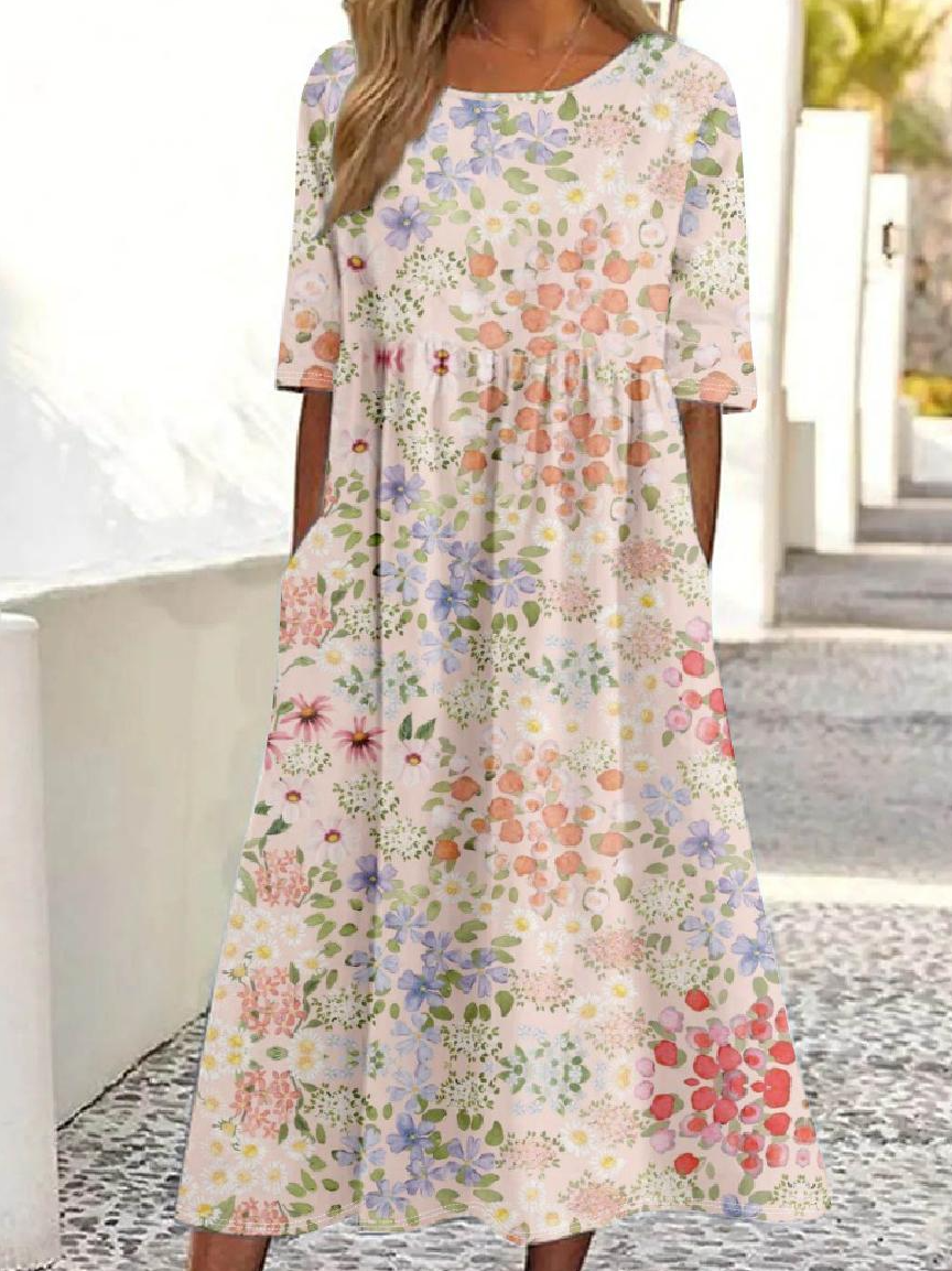 Women Floral Pattern 3D Printing Crew Neck Half Sleeve Comfy Vintage Maxi Dress