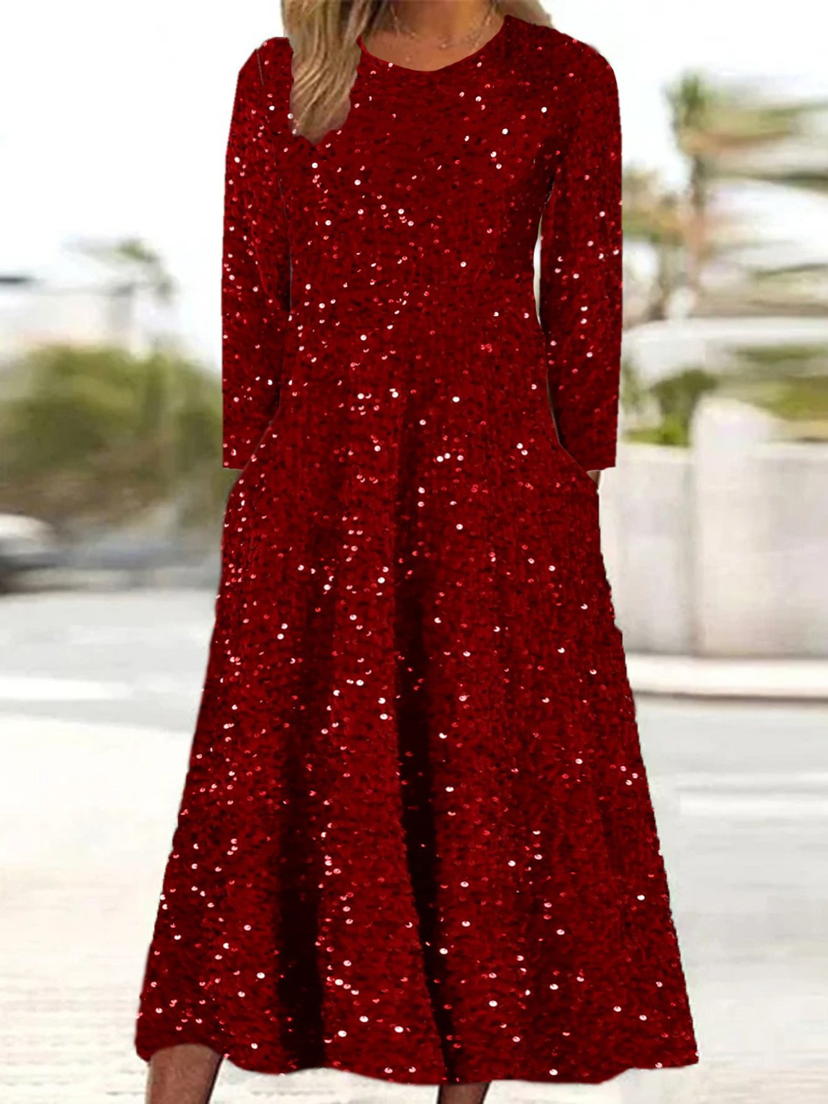 Women Geometric Spring/Fall Dress Crew Neck Long Sleeve A-Line Dress