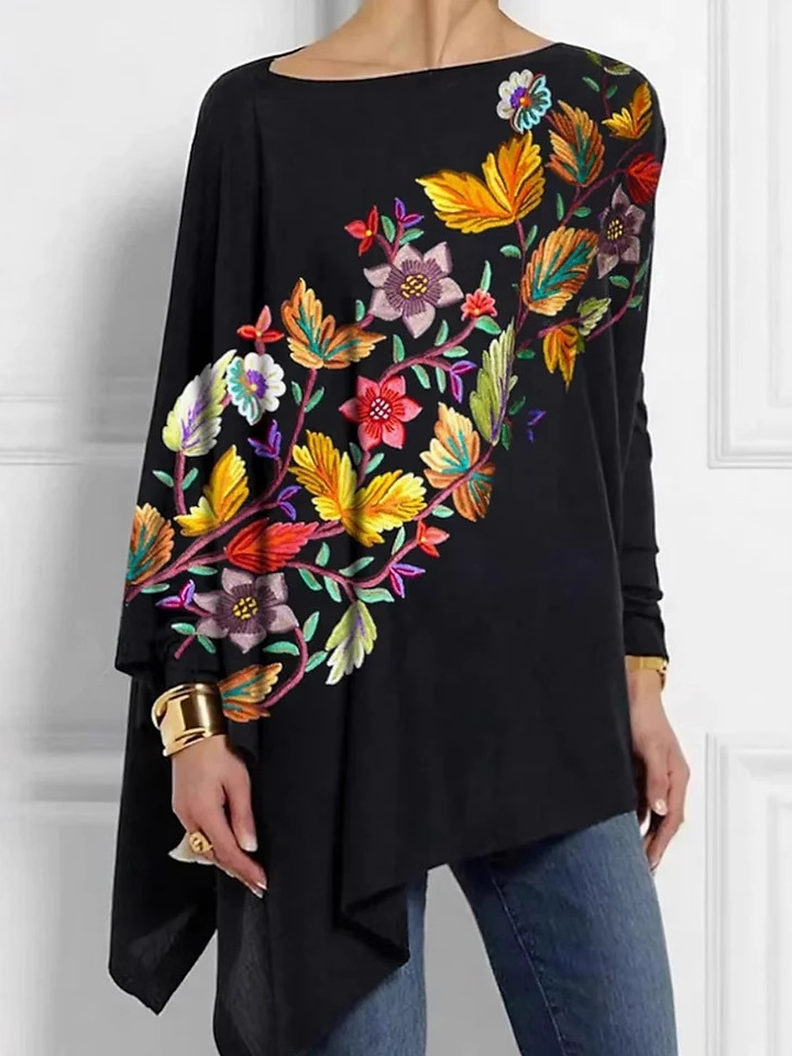 Crew Neck Long Sleeve Floral Regular Micro-Elasticity Loose Blouse For Women