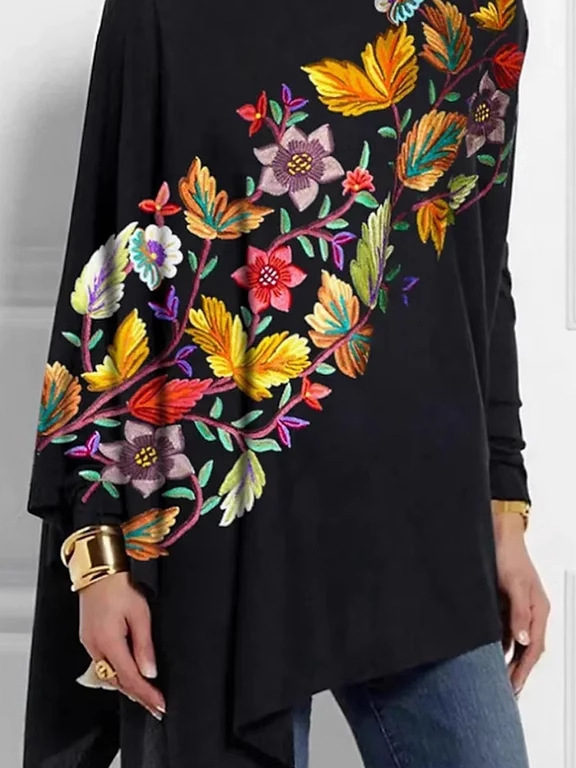 Crew Neck Long Sleeve Floral Regular Micro-Elasticity Loose Blouse For Women