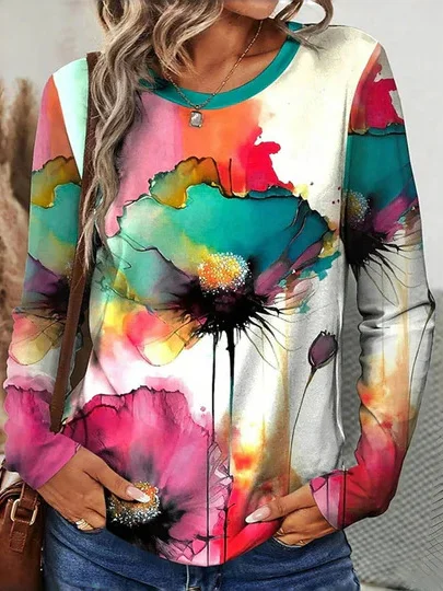 Casual Floral Crew Neck Long Sleeve T-shirt