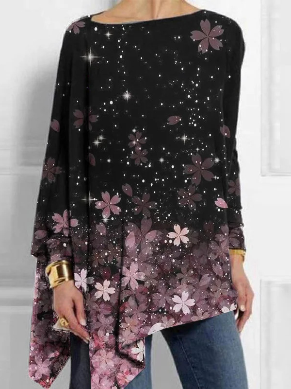 Crew Neck Long Sleeve Floral Regular Micro-Elasticity Loose Blouse For Women