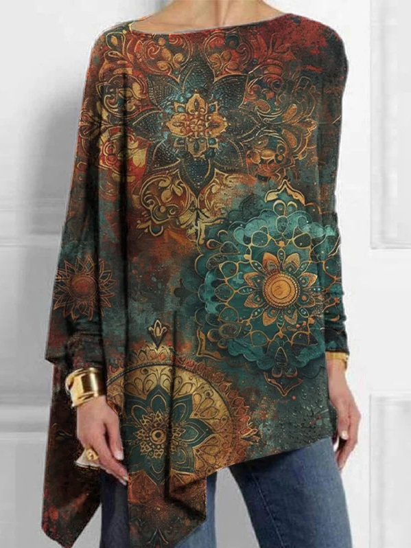 Crew Neck Long Sleeve Ethnic Regular Micro-Elasticity Loose Blouse For Women