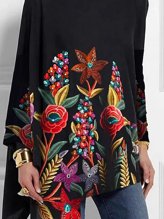 Crew Neck Long Sleeve Floral Regular Micro-Elasticity Loose Blouse For Women