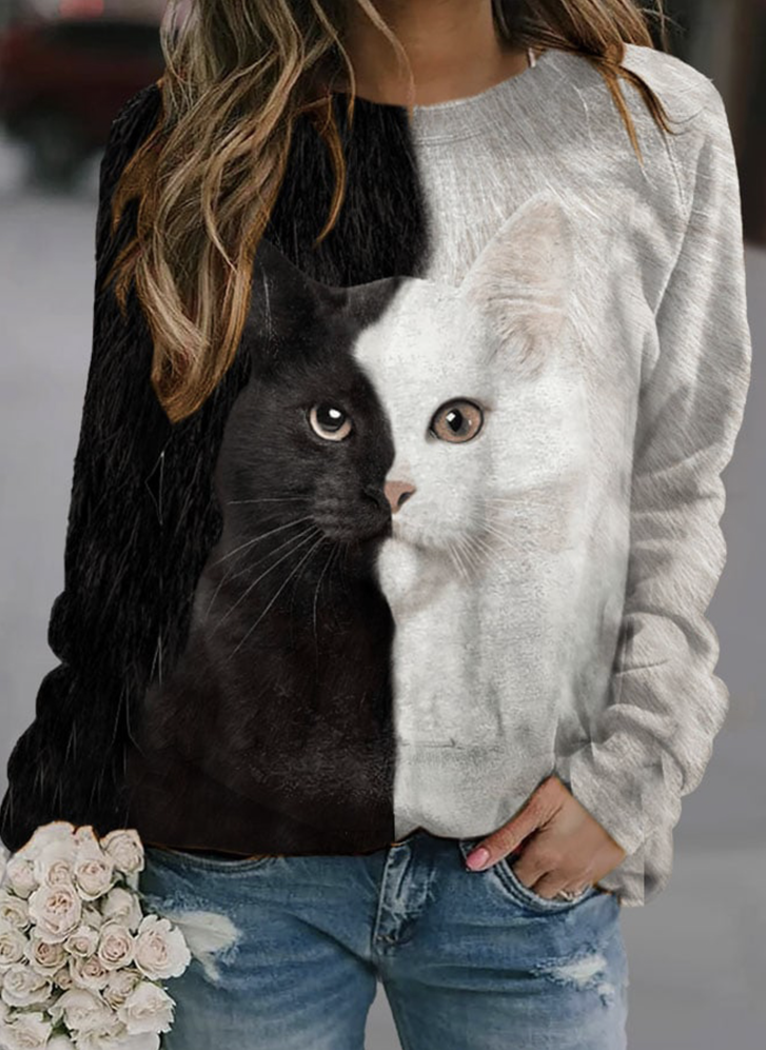 Casual Hoodie Black And White Cat Pattern Hoodie