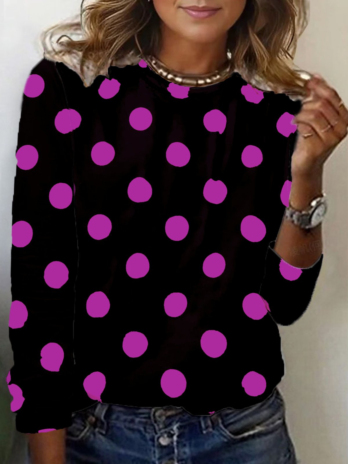 Casual Polka Dots Crew Neck Long Sleeve T-shirt