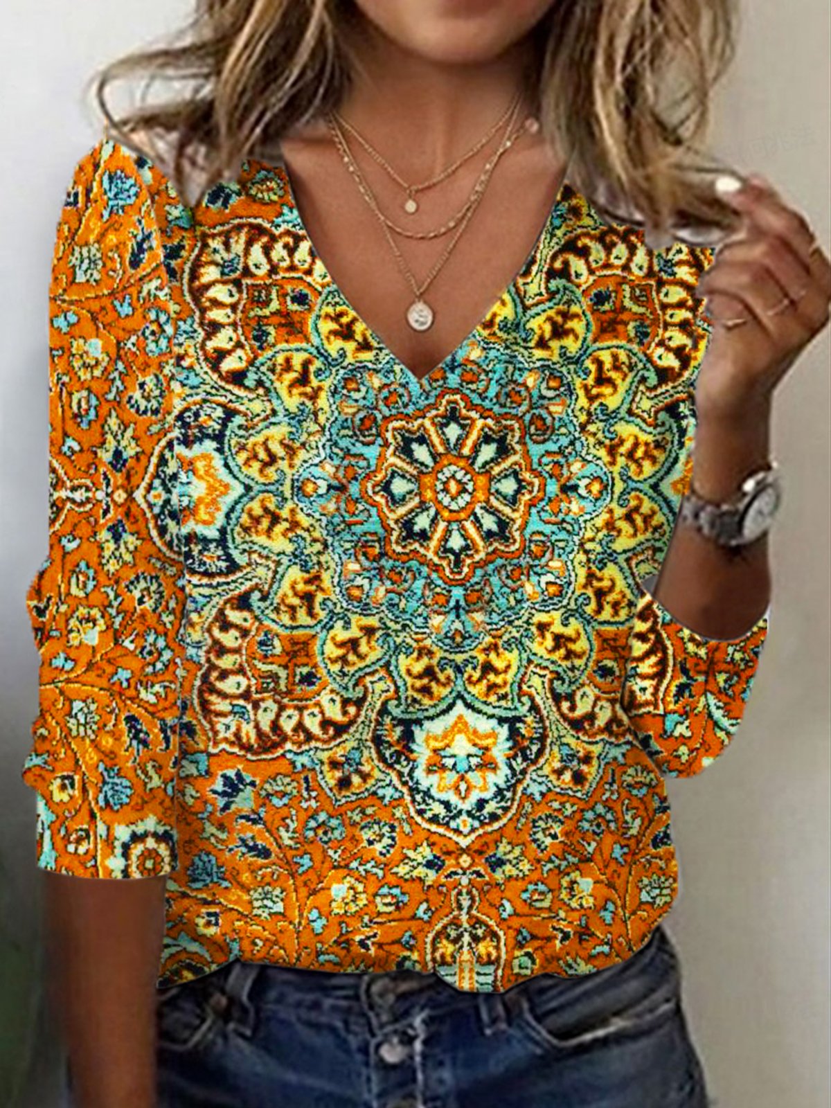 Casual Ethnic V Neck Long Sleeve T-shirt