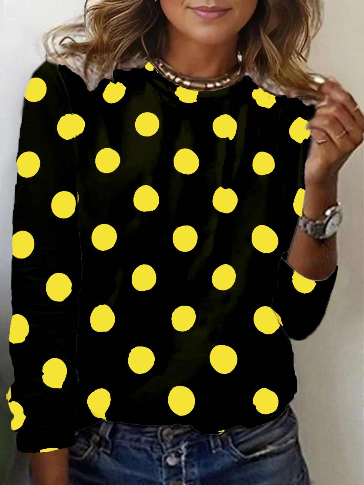 Casual Polka Dots Crew Neck Long Sleeve T-shirt