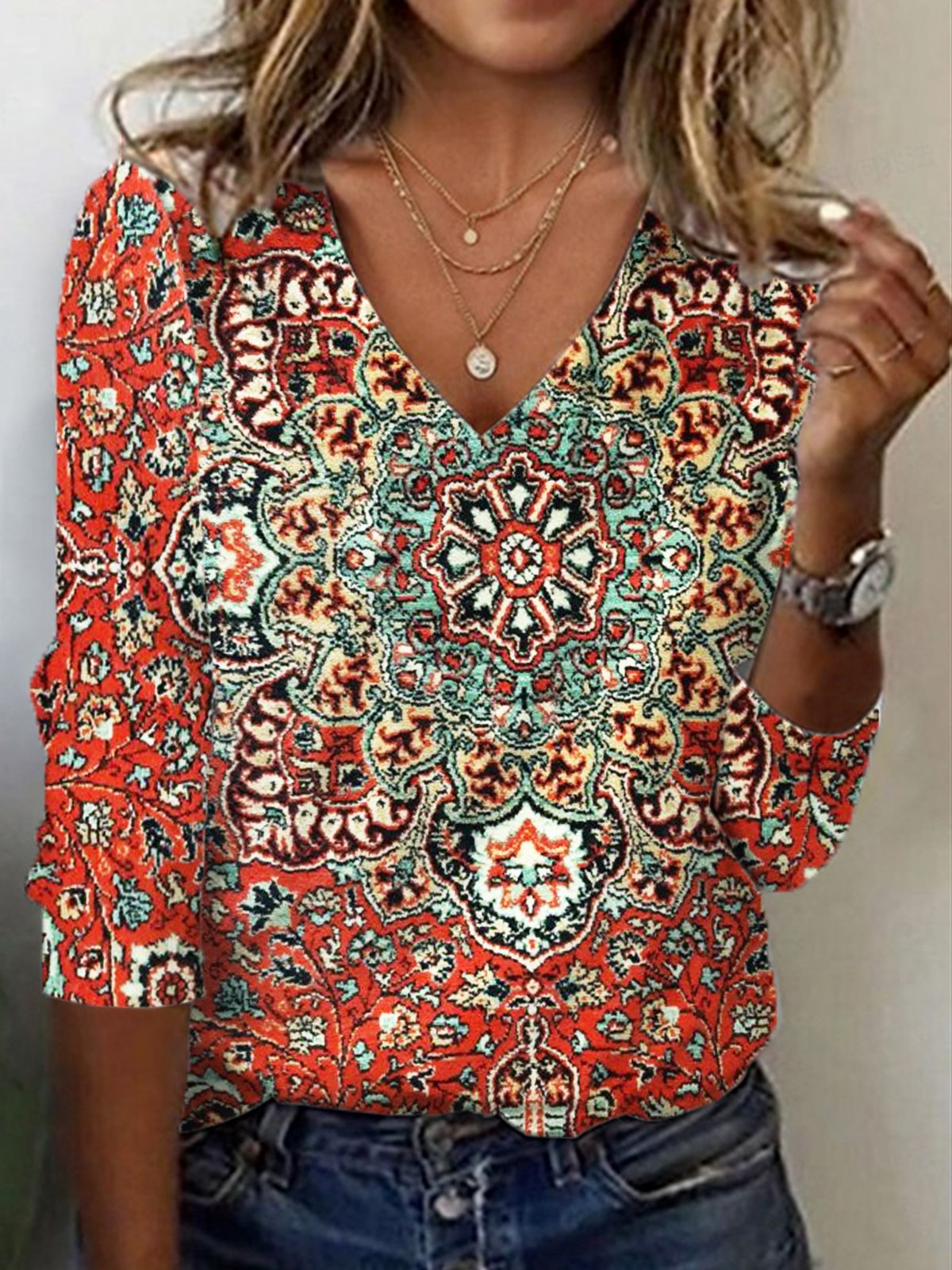 Casual Ethnic V Neck Long Sleeve T-shirt