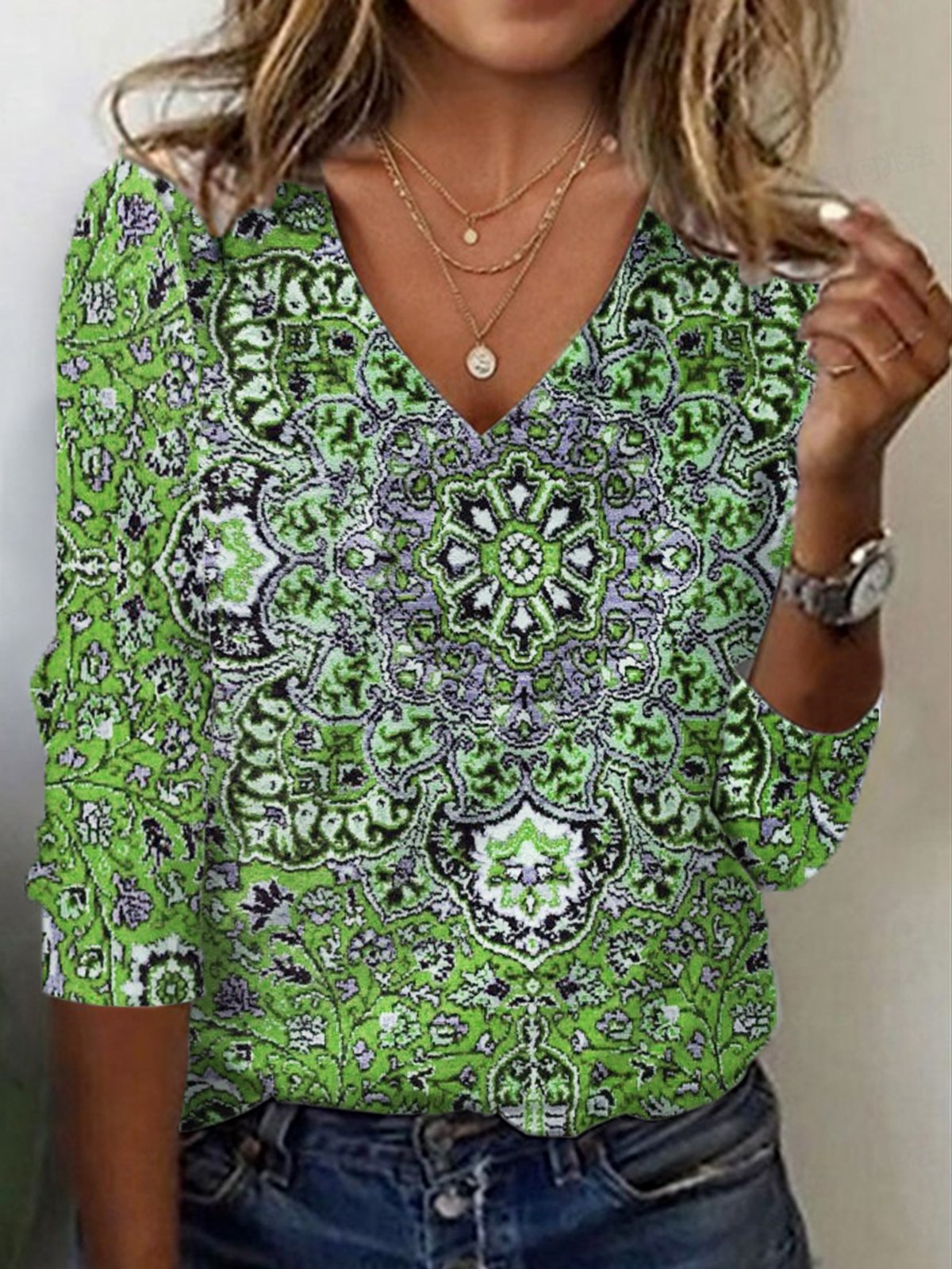 Casual Ethnic V Neck Long Sleeve T-shirt