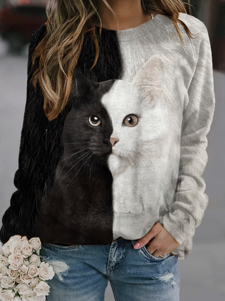 Casual Hoodie Black And White Cat Pattern Hoodie