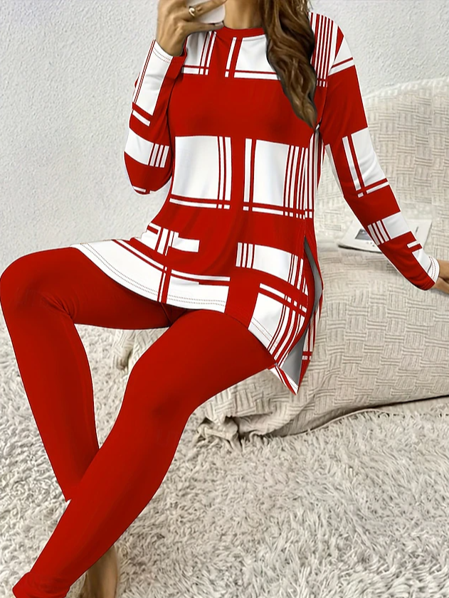 Women Geometric Crew Neck Long Sleeve Comfy Casual Top With Pants Two-Piece Set