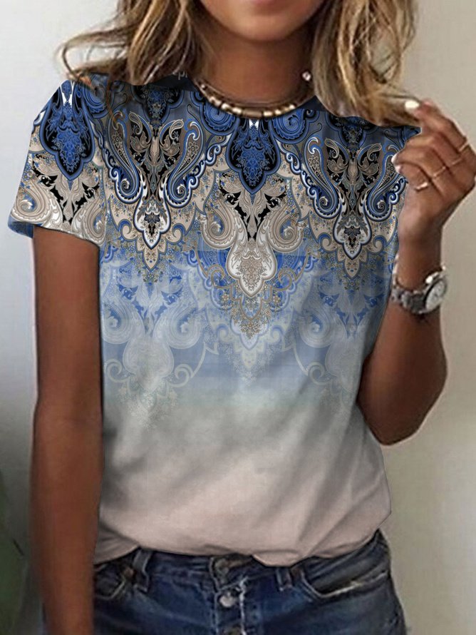 Casual Ethnic Crew Neck Short Sleeve T-shirt