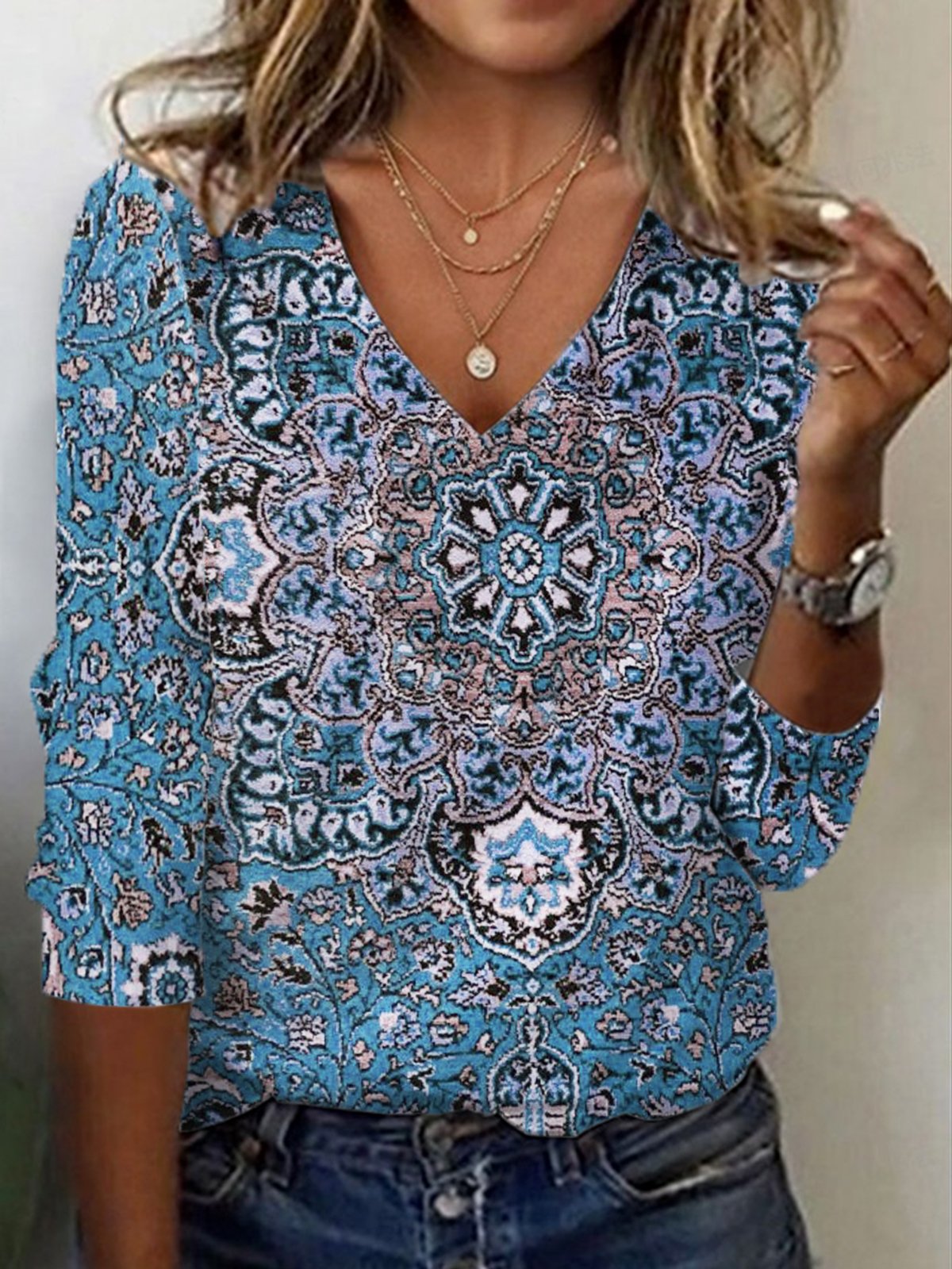 Casual Ethnic V Neck Long Sleeve T-shirt