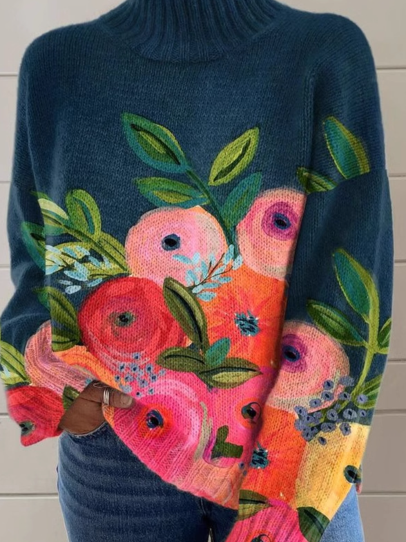 Casual Turtleneck Floral Sweatshirt